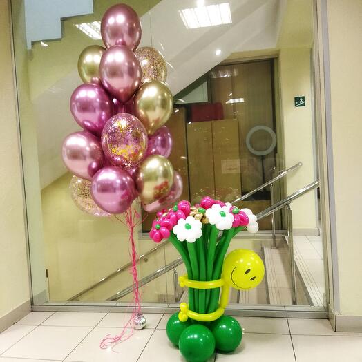 Set: 15 pink balloons and a bouquet with a little man
