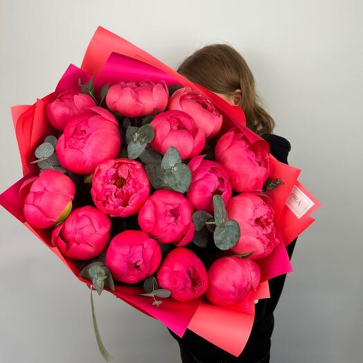 Coral Charm Peonies with Eucalyptus