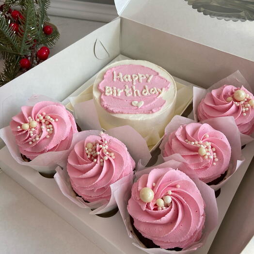 Бенто торт Хеппі бездій Happy birthday і 5 капкейків