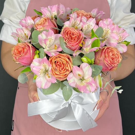 Flowers in a box. Coral Peony-shaped Roses and Pink Alstroemeria (M)