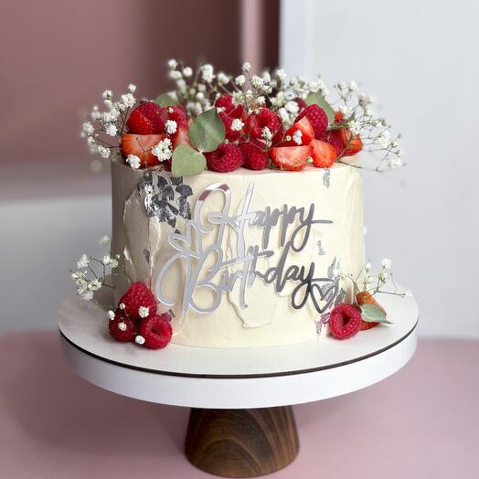 Торт на день рождения с ягодами и гипсофилой Happy birthday 2 кг