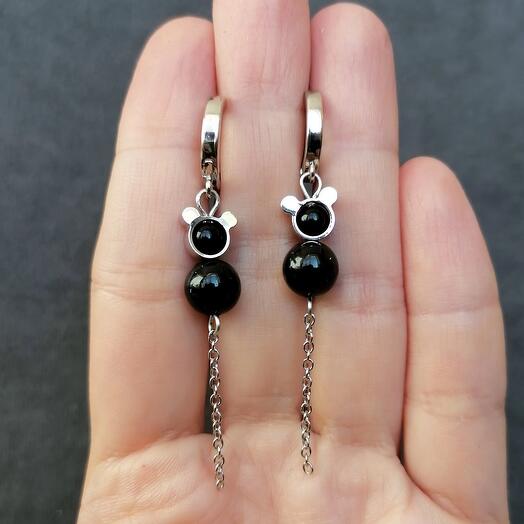 Серьги "Мышки" с турмалином и обсидианом