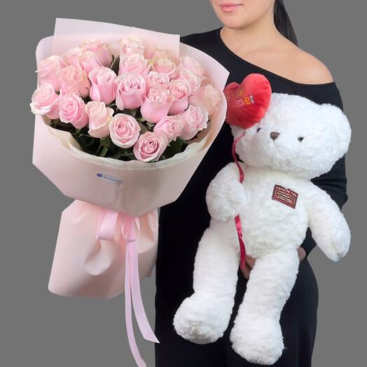 Букет из 25 Голландских роз + мишка