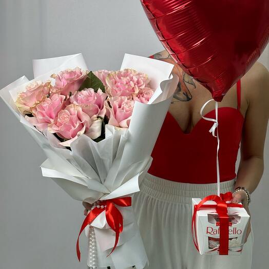 💐+🎈+🍬Комбо-Набор: розовые французские розы+рафаэло+шар сердце