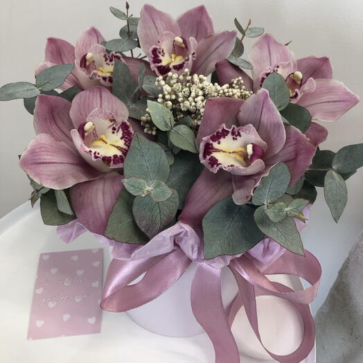 Орхидея в коробке с эвкалиптом и озотамнусом 💐