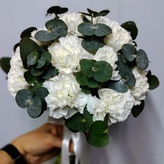 Bride's bouquet of white dianthus and eucalyptus
