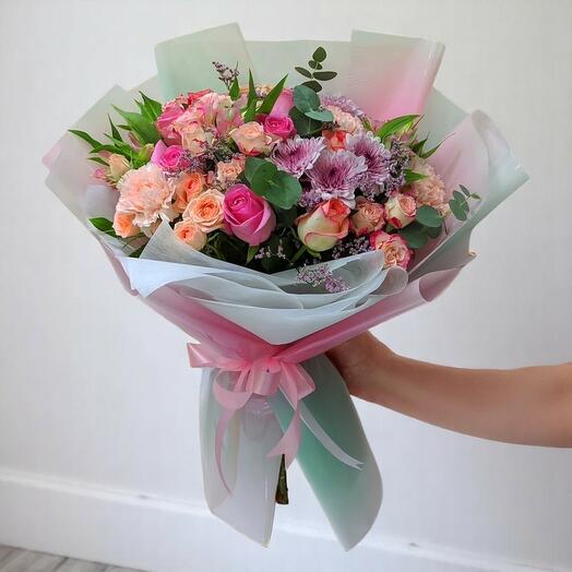 Delicate Charm Bouquet – A Fresh and Cheerful Mix of Roses, Carnations Chrysanthemums