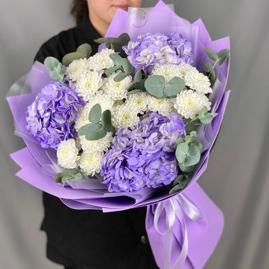 Авторский букет из гортензии и хризантем 💜"Лавандовый Раф" 💜 256 Милин Букет