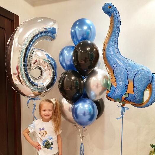 Гелевые шары синие,черные,серебро с динозавром диплодок на 6лет мальчика, сына-12 шаров