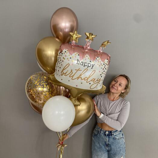 Шары на день рождения для девушки, для девочки или для мужчины с шаром торт со свечками