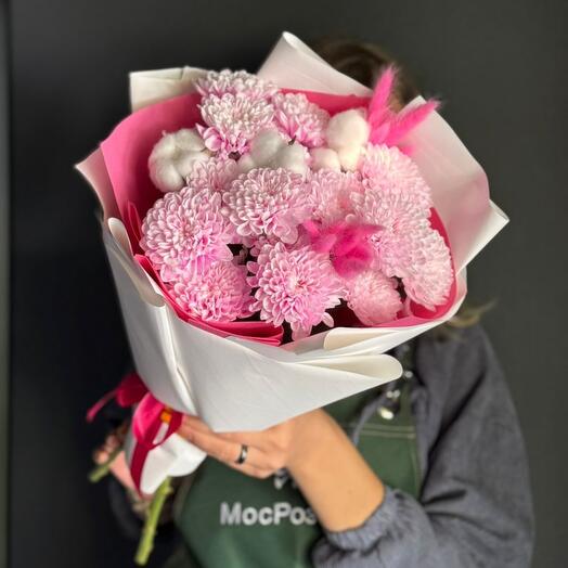 -15%АКЦИЯ💗Авторский букет-комплимент "Розовое очарование"/куст хризантема/хлопок/Цветы Уфа/Цветы в Уфе/Доставка цветов Уфа
