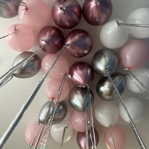 30 шаров с гелием розовый хром серебро белый с дождиком