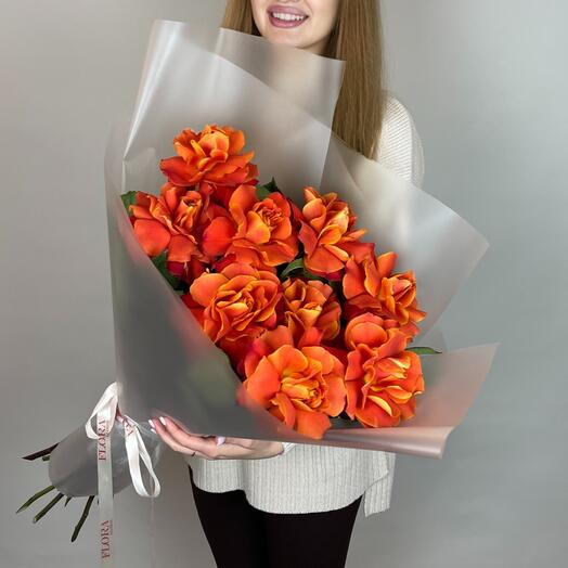Яркий букет роз: 9 французских роз / Оранжевые розы