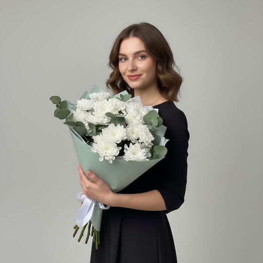 Букет -комплимент с хризантемами и эвкалиптом