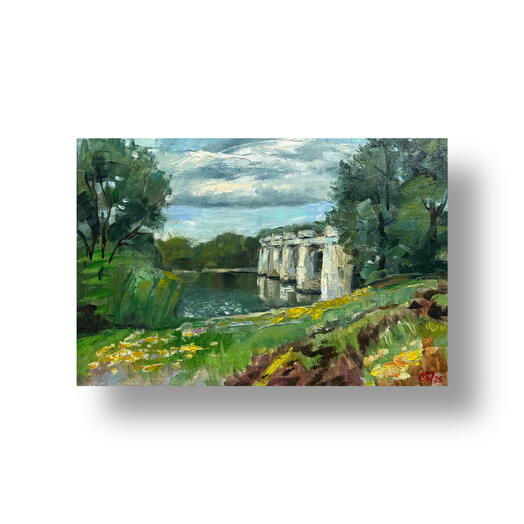 Картина маслом пейзаж "Мост в Петрово-Дальнее". Малый формат