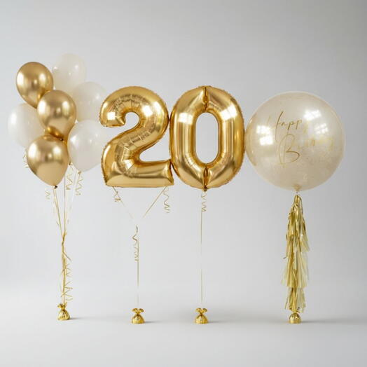 Воздушные шары на 20 лет. Большой шар, цифры и фонтан