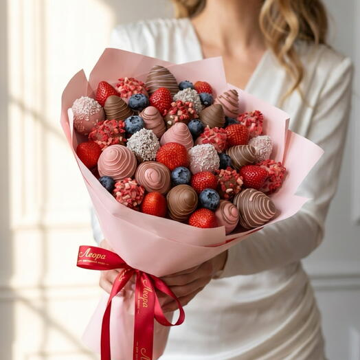 Букет клубники Ассорти в Бельгийском шоколаде Callebaut. Букет 1037. Leoraflowers