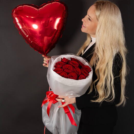 ️♥️+🌹 Страстный набор из букета красных роз и шара сердце