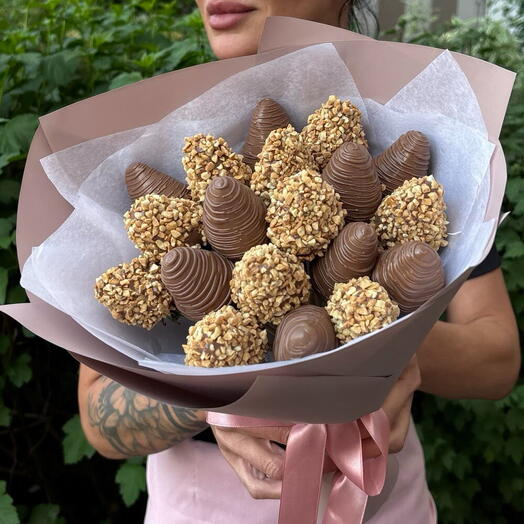 A bouquet of chocolate-covered strawberries with nuts, Happy Birthday
