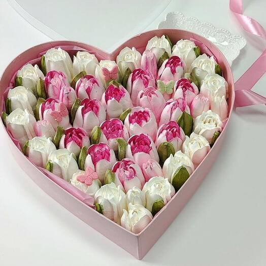 Тюльпаны из зефира в коробке сердце For you. Подарок учителю, врачу. Маме