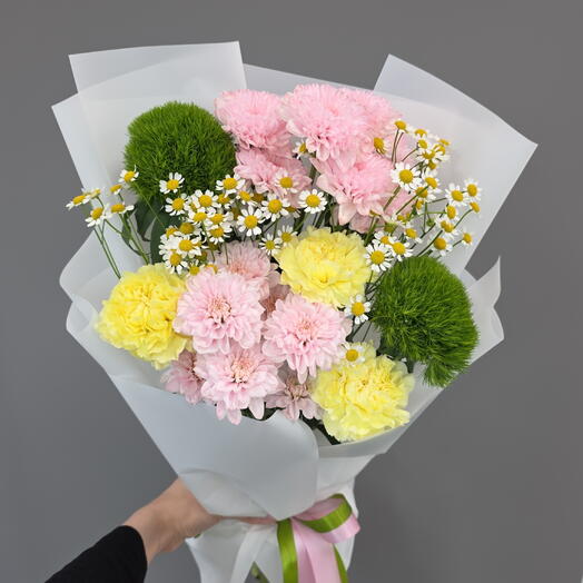Яркий дофаминовый букет с Ромашками, Хризантемами и Диантусами🌸