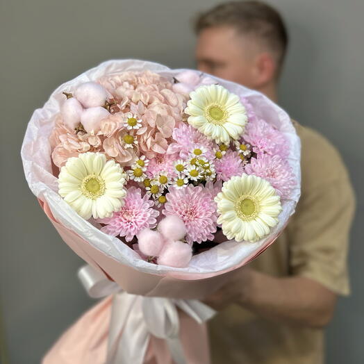 Букет «Вторая весна💕» с гортензией, герберой, ромашкой, хризантемой , хлопком