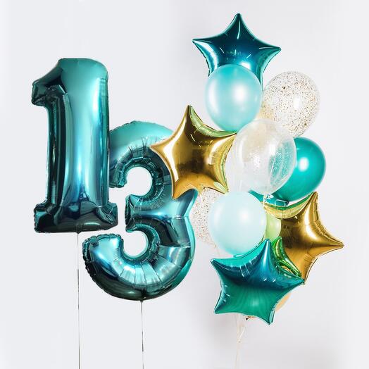 Bright festive set of balloons "Turquoise and gold: a figure and a fountain" of 15 pieces