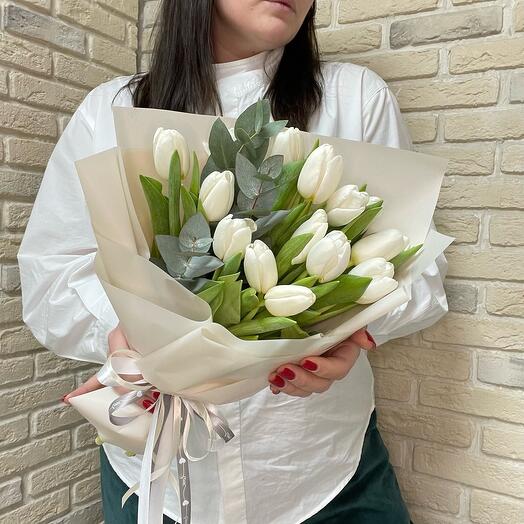 White Tulips with eucalyptus