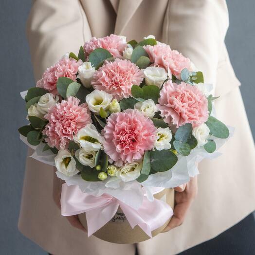 Box of pink carnations with eustoma and eucalyptus