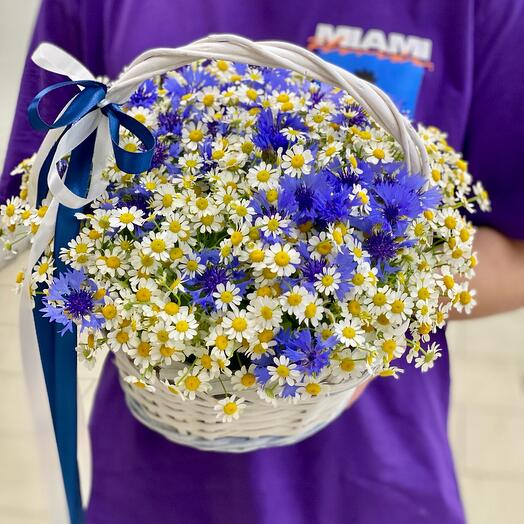 Ромашки с васильками в корзинке 💙