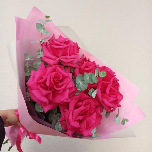 Bright French roses with eucalyptus