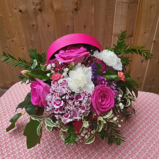 Standard Hatbox mixed seasonal flowers