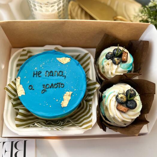 Сладкий набор «Не папа, а золото» бенто-торт + 2 капкейка на подарок папе💙