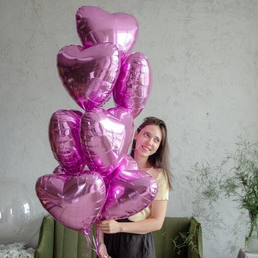 Фонтан шаров из 10 розовых сердец