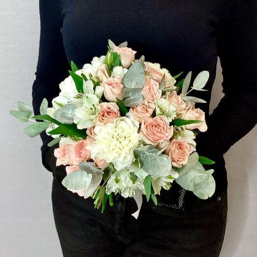 Bridal bouquet with roses, alstroemeria, dianthus