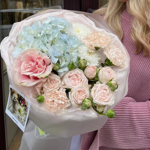 Delicate bouquet with hydrangea and peony rose