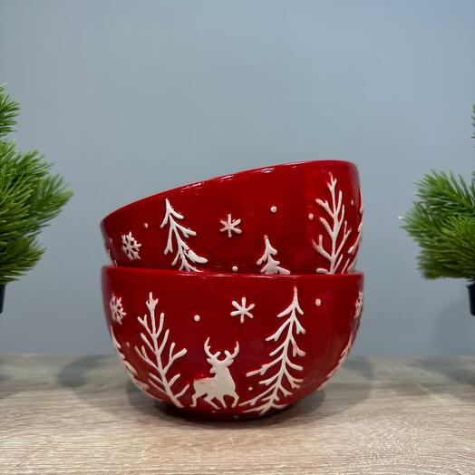 Набор салатников 2 шт Рождественский Сочельник керамика красный D=14.5 см