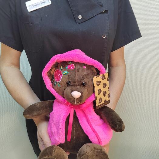 Teddy bear in a bright pink vest 35cm