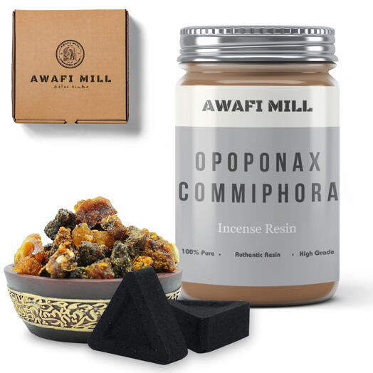 AWAFI MILL Opoponax Resin Incense | Triangle Charcoal Tablet - Bottle of 100 Gram with 20 Charcoal Piece