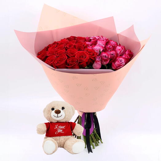 My Queen 51 Roses Bouquet and I Love You Teddy