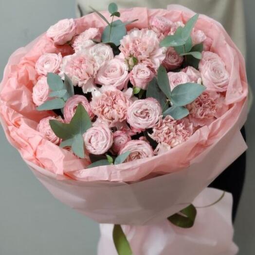 Розовое солнышко ️💖 Нежный букет с пионовидными розами и диантусами