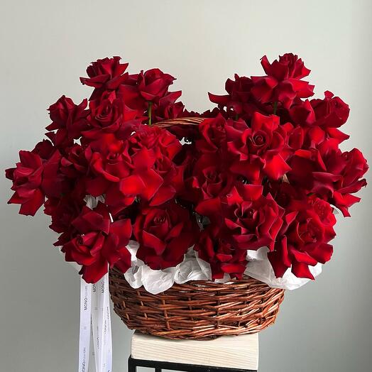 51 red roses in a wicker basket