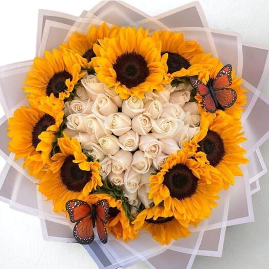Elegant 14 Sunflowers   31 White Roses Bouquet