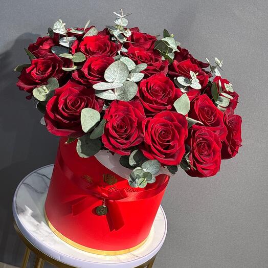 Red roses in a box