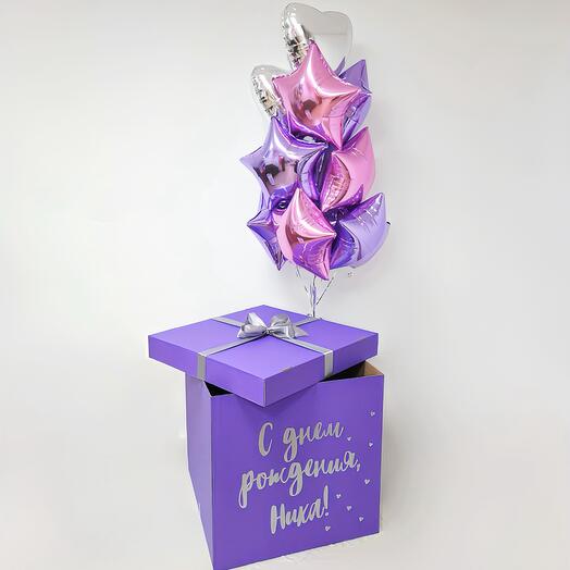 Сет шаров в коробке с вашей надписью «Сиреневый блеск»