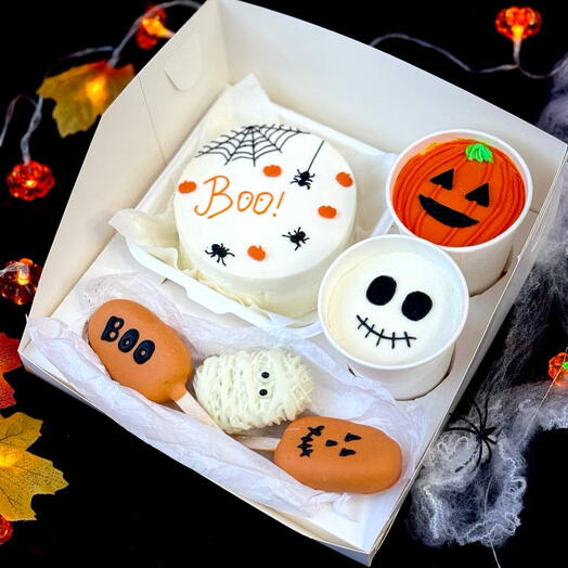 Комбо-набор с эскимо бенто торт и Cake to go на Хэллоуин Boo с тыквами и пауками