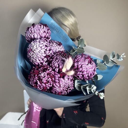 Хризантема бигуди фиолетовая , эвкалипт, сухоцветы 💜