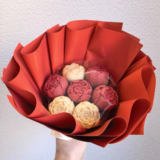 Букет из 7 пионов из белого и клубничного шоколада , подарок на 8 марта, подарок на 14 февраля, подарок любимой девушке