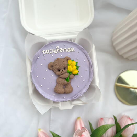Бенто торт с мишкой и тюльпанами, расцветай,в подарок для девушки 💐