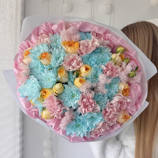 Дофаминовый букет: Пионовидные розы, хризантема, диантус🌸Размер L